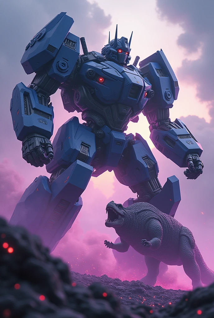 intricate, detailed mecha-inspired Megatron robot, massive robotic T-rex, epic battle scene, dynamic poses, dramatic lighting, cinematic composition, intense purple and blue color tones, photorealistic, 8k, best quality, masterpiece
