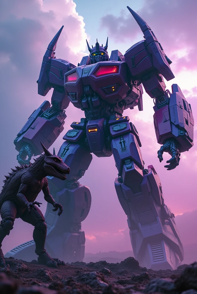intricate, detailed mecha-inspired Megatron robot, massive robotic T-rex, epic battle scene, dynamic poses, dramatic lighting, cinematic composition, intense purple and blue color tones, photorealistic, 8k, best quality, masterpiece