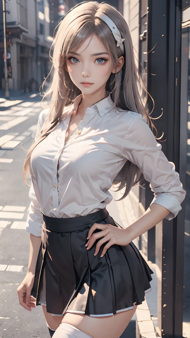 Arad woman posing for photo in short skirt and white shirt, Surrealism female students, Surrealism female students, Realistic , photorealistic anime girl rendering, thighhighs and skirt, 3 d anime realistic, small curvaceous , wearing skirt and high socks, Photorealistic anime, cute female student, Realistic anime 3 D style, female student, risbeauty asia,