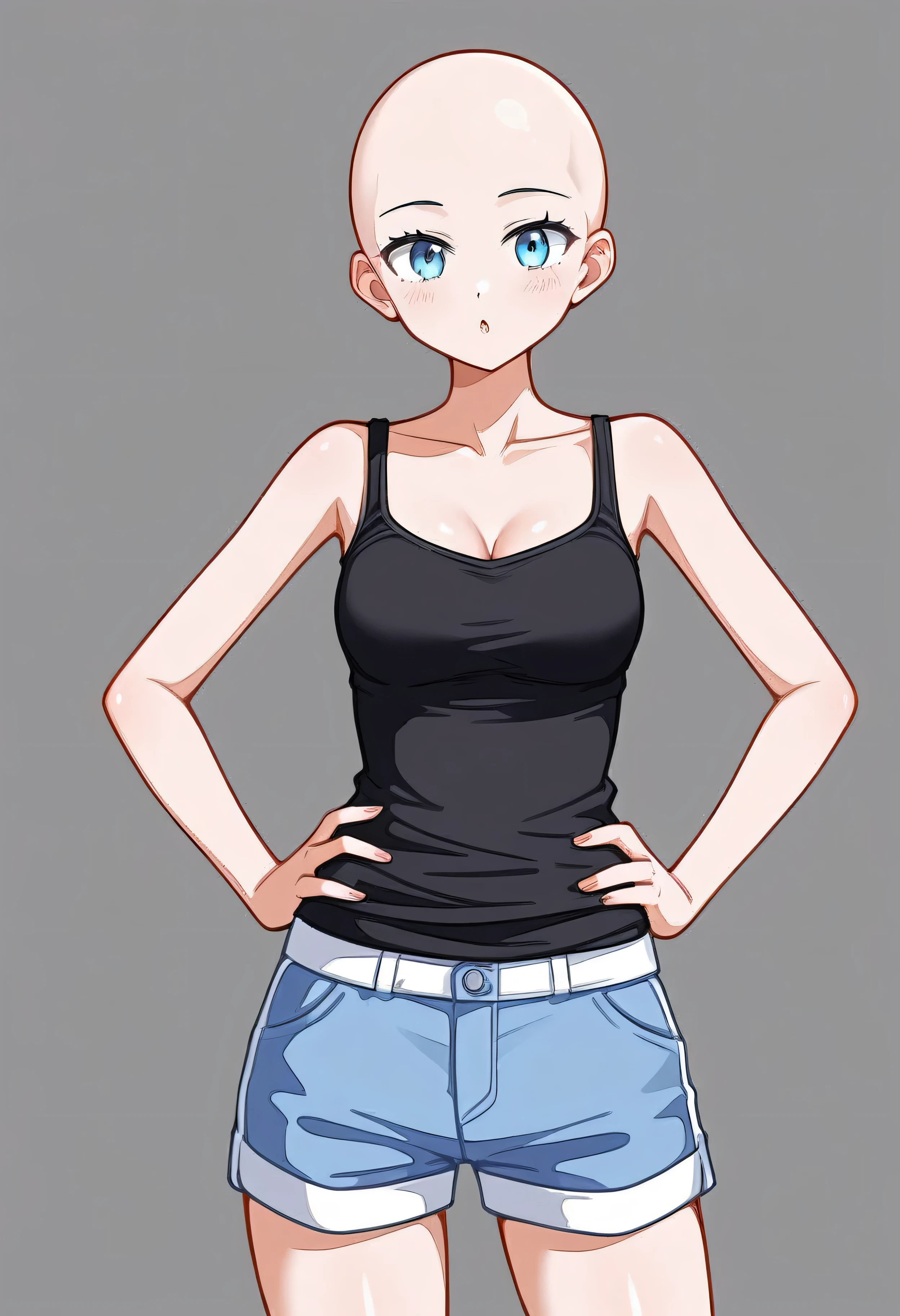 anime base draw style female, bald, hands on own waist, blue shorts, black tank top, grey background.