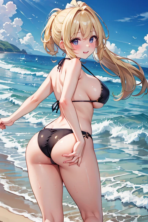 (Highest quality), (masterpiece), (Ultra-high resolution), whole body,  girl, Blonde, Ponytail, A big smile, Big Breasts, bikini, Seaside, Excited, Splash, Looking back at me from behind