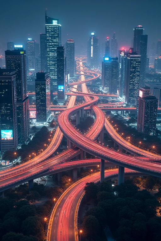 A cool and scenic city with a highway junction at night