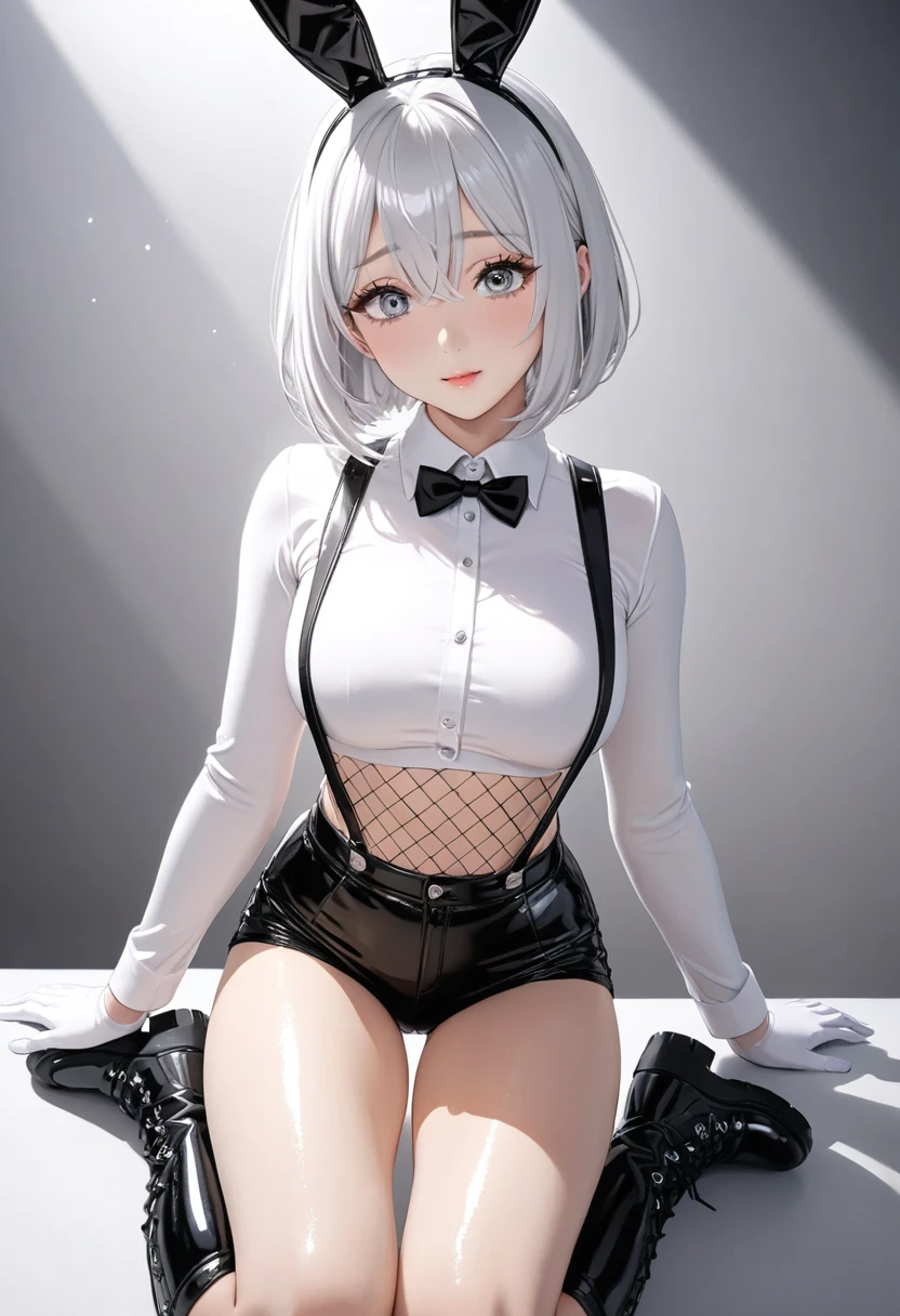 masterpiece, glowing particles, ambient lights, cute, full body detailed, 32K, high details, perfect lighting, perfect anatomy, soft light, BREAK ((shiny silver hair)), bob cut, bang between eyes, beautiful hair), (glossy silver eyes:1.5), (beautiful eyes, twinkle eyes, large eyes, close eyes), BREAK (athlete body, large breasts), cute face, beautiful face, pretty face, beautiful, best quality, good anatomy, long eyelashes, expressive eyes, Perfect Hands, BREAK hud_bunnie, long sleeves, black and white crop top, black shorts, suspenders, black bowtie, fake animal ears, gloves, shiny clothes, fishnets, boots, in air, flying, arched back, beautiful jumping form, fold knees, 