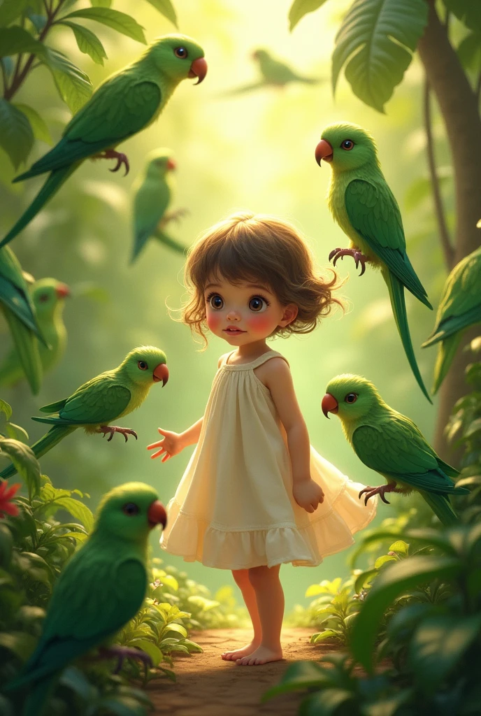 A  girl surronded by green parrots