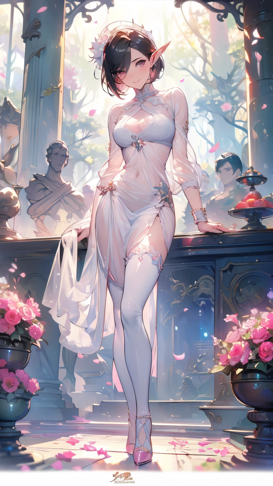 masterpiece，best quality，Elf，Forest ruins，sunglasses，Pure white background，Delicate face，Handsome short hair，Smile，whole body，Perfect body proportions，Beautiful pink eyes，Flower petals rain，Sexy，transparent，High heel，Fishnet stockings，Star decoration