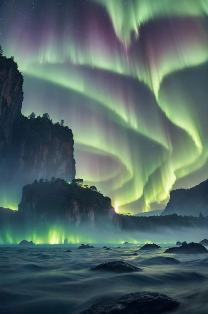 A breathtaking scene of floating islands suspended in a sea of clouds. Each island is lush with greenery and cascading waterfalls, with floating rocks and bridges connecting them. The sky is adorned with a constant rainbow-hued aurora, adding to the mystical atmosphere.gracefully move through the scene.Countless shooting stars continue to streak across the sky, and the stars are shining brightly.