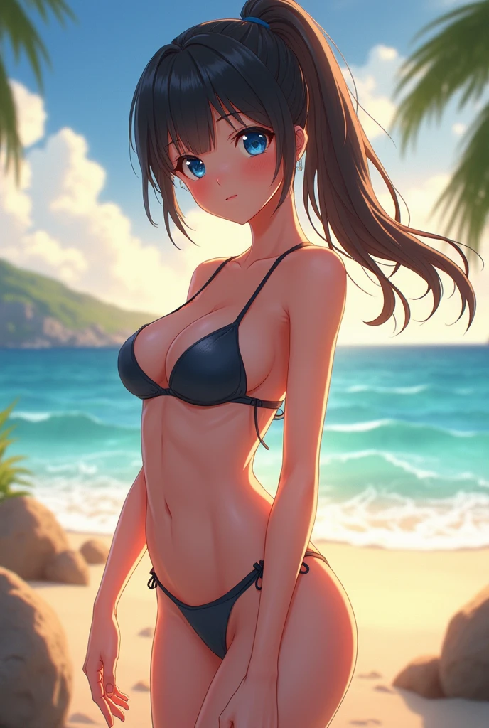 (best quality,4k,8k,highres,masterpiece:1.2),ultra-detailed,(realistic,photorealistic,photo-realistic:1.37),1girl,beautiful detailed eyes,beautiful detailed lips,extremely detailed face and body,large breasts,long dark hair in ponytail,blue eyes,anime style,sling bikini,beach,golden hour lighting,cinematic composition,vibrant colors,volumetric lighting,dynamic pose