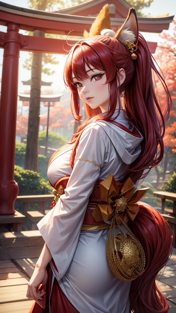 a Shinto deity Inari, gentle demeanor, surrounded by foxes, traditional elegant robes, red and white color scheme, sacred torii gate, lush verdant forest, (best quality,4k,8k,highres,masterpiece:1.2),ultra-detailed,(realistic,photorealistic,photo-realistic:1.37),HDR,UHD,studio lighting,ultra-fine painting,sharp focus,physically-based rendering,extreme detail description,professional,vivid colors,bokeh,portrait