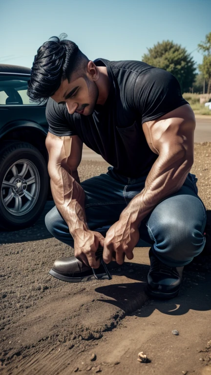 28 years old Vik Reddy car mechanic black grease stains on face and body, car repair outdoor, sunny day, wetty body