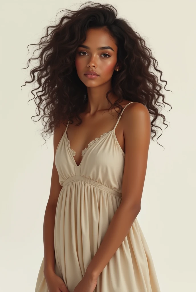 A girl with dark brown colour curly hair with light brown skin tone height 5'1 with almond shape eyes and hourglass figure with little broad nose with short length wearing maxi dress standing