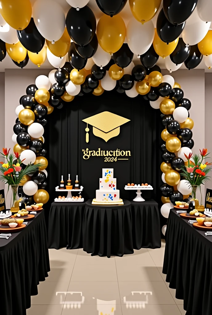 party room to celebrate the themed graduation of a medical doctor, with a black background fabric that has a design of a gold graduation cap in the center and below the design, is the word My Graduation and below the year 2024, to the side an arch of balloons in black, gold and white, in front a dessert table with various types of sweets and a cake in the center, on the sides of the main table, a tower of balloons in black, gold and white and at the top hang on both sides some welcome door banners with a black background, which say in white and gold letters 2024 and a folded diploma at the top and the other says Congratulations with a gold graduation cap at the top top, on another table with a white tablecloth and its food warmers for the buffet, in the rest of the room place 6 large tables, some with black, white and gold tablecloths, 60 chairs, 10 for each table, each table with its centerpiece made of 7 balloons tied to a plastic stand base of individual tubes and 2 black balloons and 3 gold balloons, and 2 transparent balloons with gold confetti inside the balloon, each centerpiece around the balloons has a strip of yellow LED lights, on the ceiling place white, black and gold balloons with various graduation designs and with gold, black and white ribbons hanging down and all the balloons glued to the ceiling.