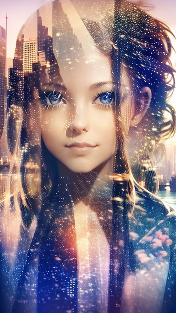 photoRealstic、((Super multiple exposure effect where the background can be seen through the clothes))、girl with、A smile、Lakeside in the background、Wonderful、towards the night view, If you leave the shutter open for a long time、create a line of light.