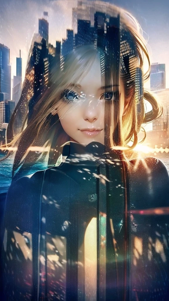 photoRealstic、((Super multiple exposure effect where the background can be seen through the clothes))、girl with、A smile、Lakeside in the background、Wonderful、towards the night view, If you leave the shutter open for a long time、create a line of light.
