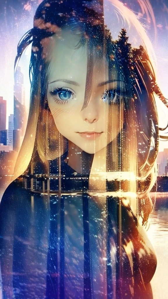 photoRealstic、((Super multiple exposure effect where the background can be seen through the clothes))、girl with、A smile、Lakeside in the background、Wonderful、towards the night view, If you leave the shutter open for a long time、create a line of light.