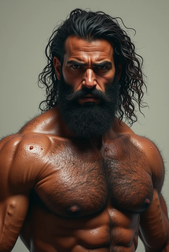 Hairy muscled Arab man sweaty