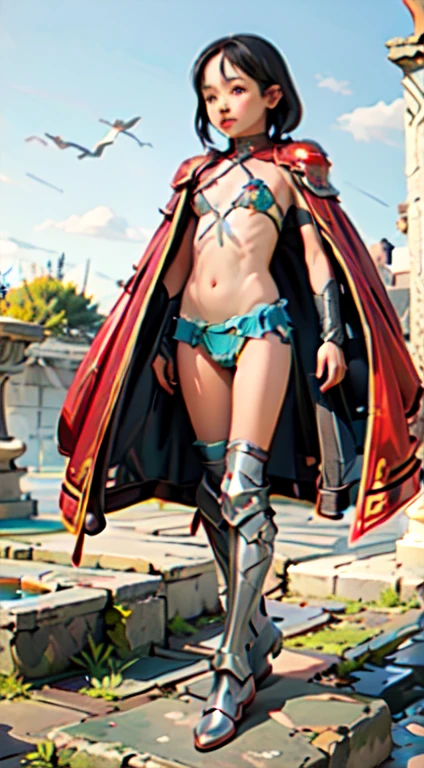 1 girl, Alone, Whole body, Elven girl with bikini armor, metal shoulder pads, short red worn and torn cape, big breasts, medieval armor, metal boots, rusty metal armor, rusty metal crown, ancient greek ruins background, historical ruins, armor on arms and legs, rusty and beaten metal,