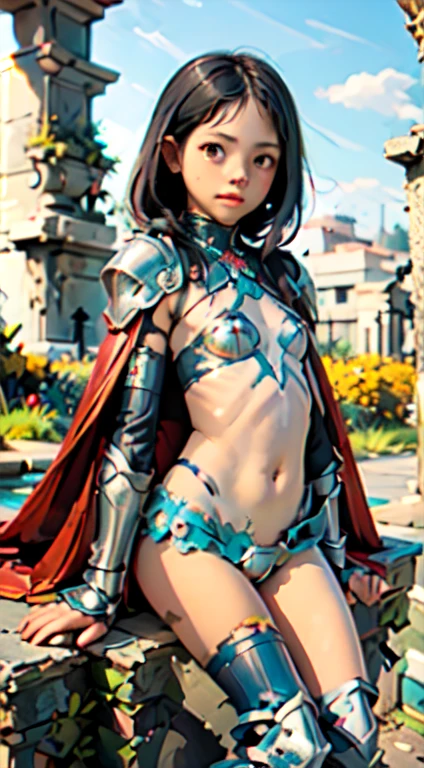 1 girl, Alone, Whole body, Elven girl with bikini armor, metal shoulder pads, short red worn and torn cape, big breasts, medieval armor, metal boots, rusty metal armor, rusty metal crown, ancient greek ruins background, historical ruins, armor on arms and legs, rusty and beaten metal,