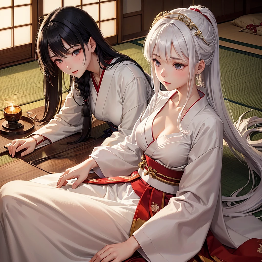 In a traditional Japanese room with wooden shoji screens and paper doors, a samurai warrior lies on a futon, covered in bandages that reveal the intensity of the battle she fought. Her black hair falls loose on the pillow, and her face shows signs of exhaustion, yet still radiates stunning beauty. Beside her, a delicate young woman with snow-white hair and dressed in a white kimono with intricate phoenix embroidery, tends to her with devotion. Her soft and gentle hands change the bandages, while her face shows deep concern and love. The soft, warm light of the room highlights the connection between them, in a scene of tenderness and love amidst battle and pain.