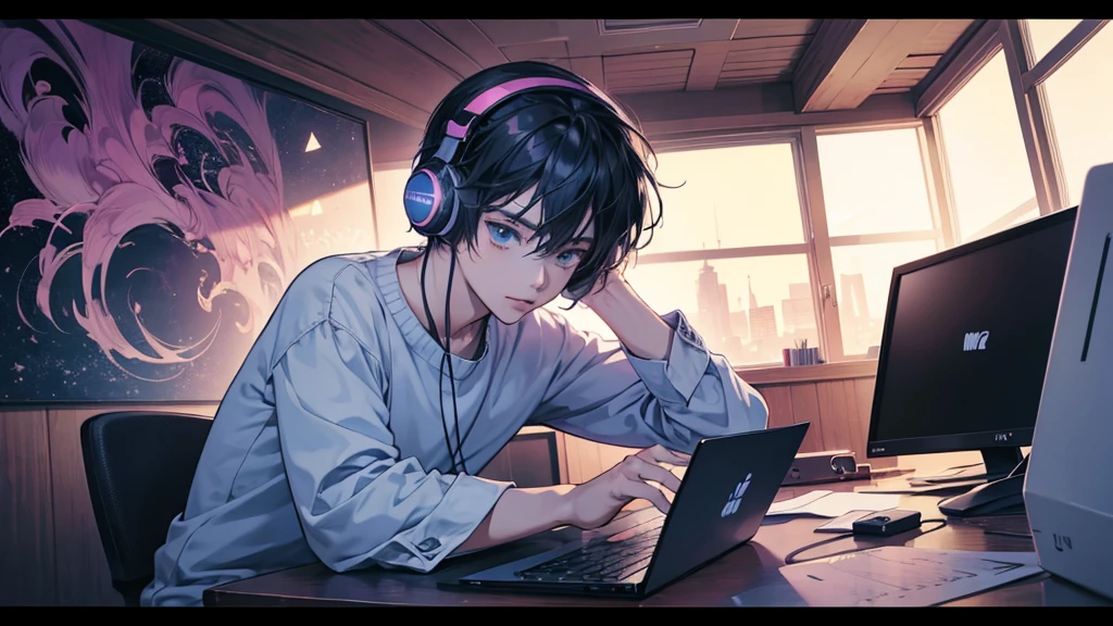 anime boy with headphones on using a laptop in a room, lofi artstyle, anime style 4 k, 4k anime wallpaper, anime art wallpaper 4k, anime art wallpaper 4 k, nightcore, anime vibes, anime wallpaper 4 k, lofi art, anime wallpaper 4k, anime art wallpaper 8 k, lofi portrait, digital anime illustration