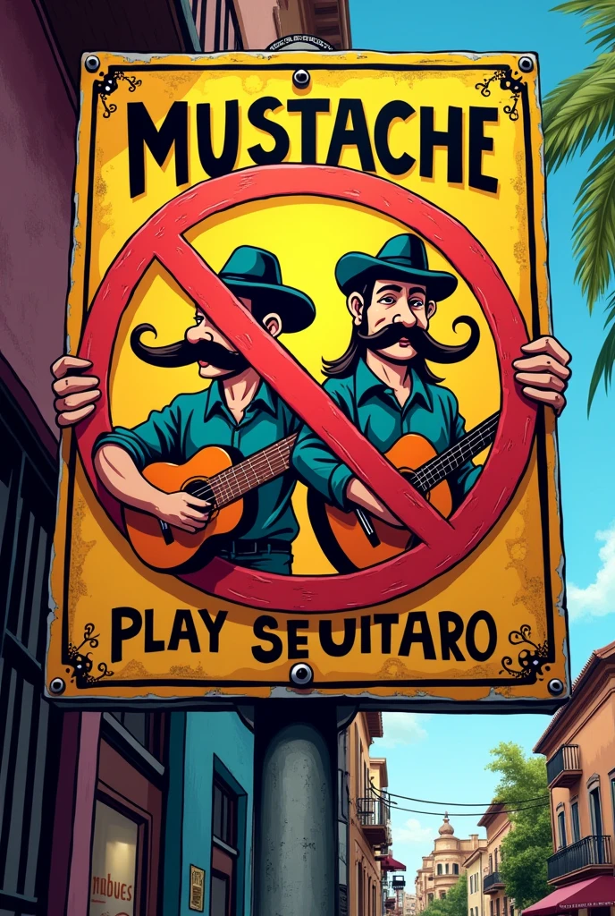 Rude sign in Spanish that says mustaches playing guitar are not allowed 