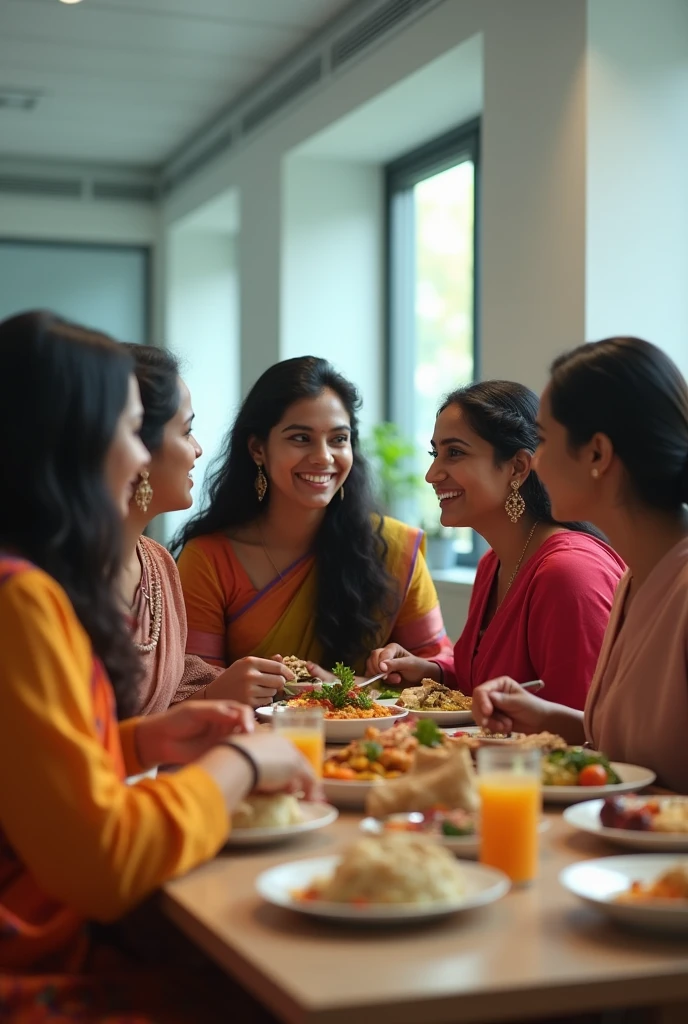 (photorealism:1.2), a 5 girls indian sitting together in hospital seminar room eating dinner