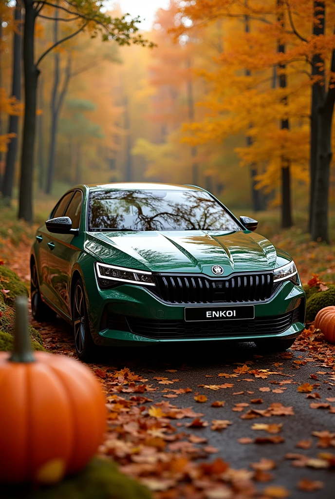 Image of the Skoda Enya Coupé iV against a festive Thanksgiving backdrop in a green forest background