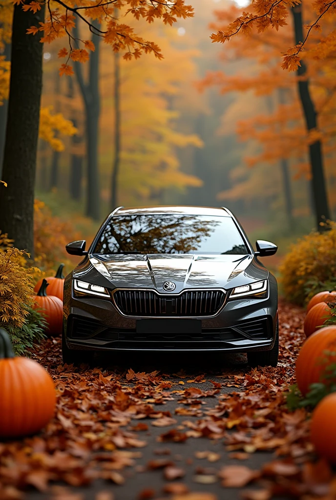 Image of the Skoda Enya Coupé iV against a festive Thanksgiving backdrop in a green forest background