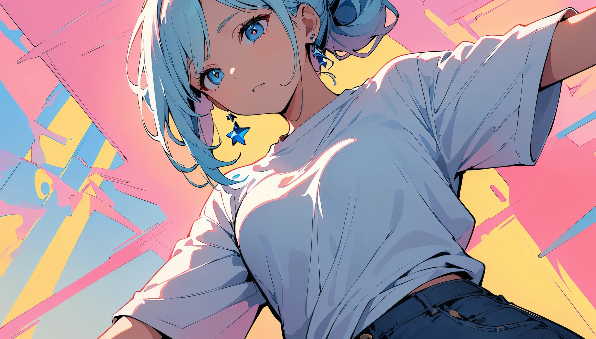 (high quality, 8k, 4K, High Contrast, masterpiece:1.2, 最high quality, Best aesthetics), ((16bit)), (Dynamic Angle), ((1 female )), ((Plain and bright background)), ((Flat Color)),(Plain white T-shirt on the upper body), (jeans), (Holding a sword), Looking at the audience, Upper Body, Transparent Background, Sleepy eyes, High Contrast, Contrasting colors, Cowboy Shot, Pale pink and blue lighting, Long Hair, ((Tied Hair)) , Light blue hair, Small star-shaped earrings in both ears, watch, bright eyeshadow, Cool look, Casting an attack spell