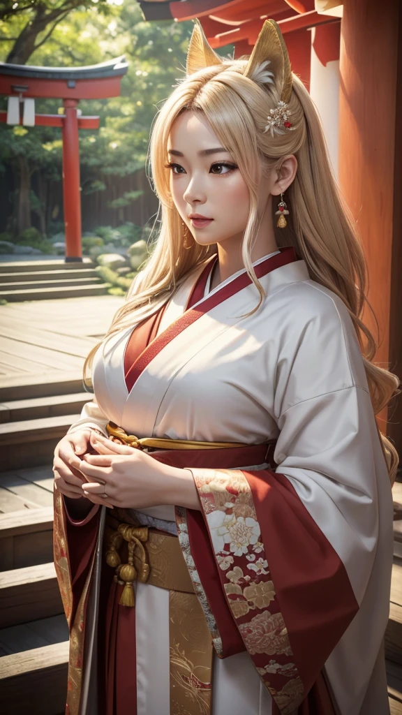 a Shinto deity Inari, gentle demeanor, surrounded by foxes, traditional elegant robes, red and white color scheme, sacred torii gate, lush verdant forest, (best quality,4k,8k,highres,masterpiece:1.2),ultra-detailed,(realistic,photorealistic,photo-realistic:1.37),HDR,UHD,studio lighting,ultra-fine painting,sharp focus,physically-based rendering,extreme detail description,professional,vivid colors,bokeh,portrait