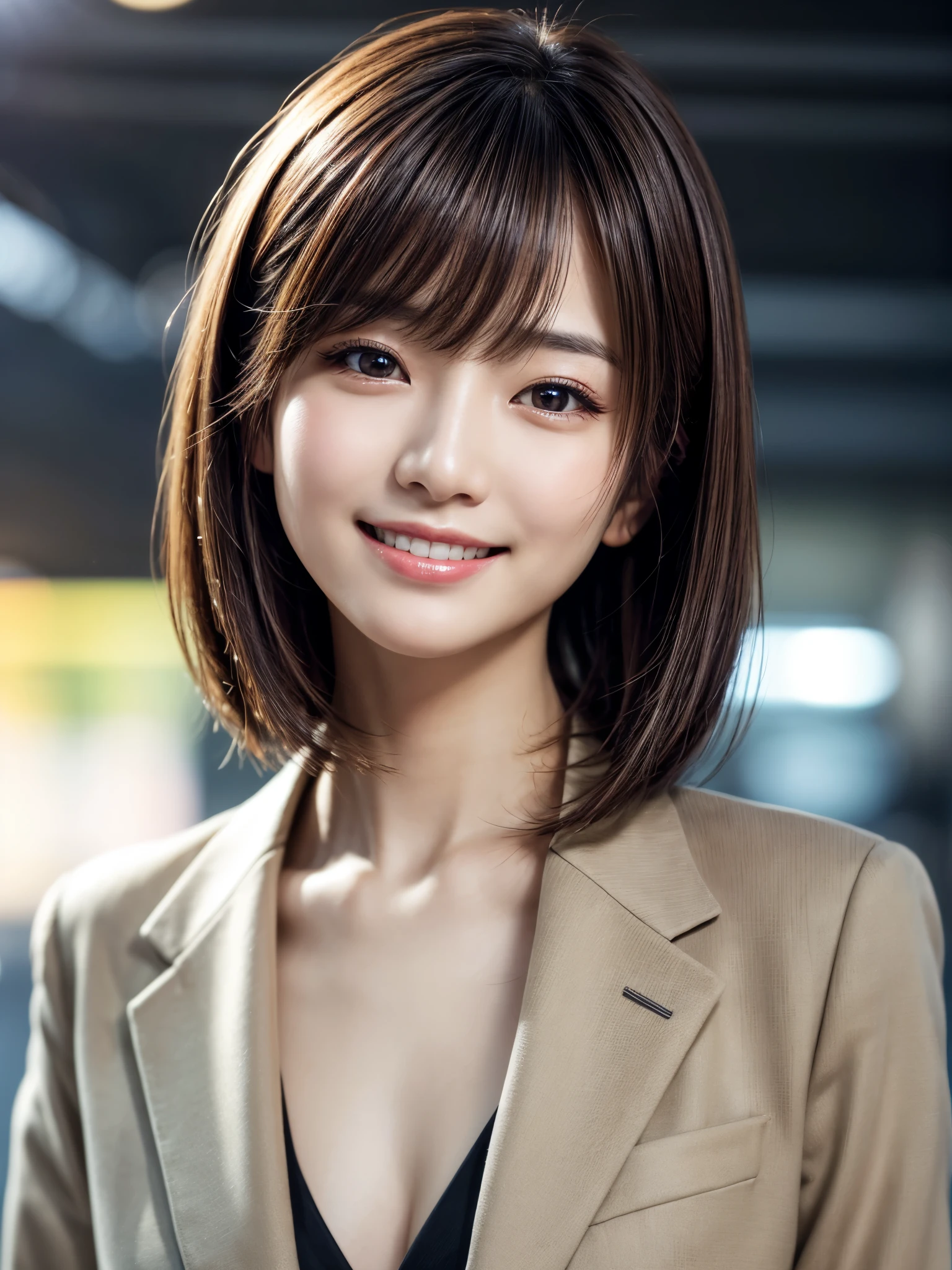 Tabletop, Highest quality, Realistic, Very detailed, finely, High resolution, 8k wallpaper, Cinema Lighting、1 person、Beautiful Japanese Women、30 years old、light brown straight bob hair, Wear a business suit, (Blurred Background、Station platform、noon、Light of the sun)、Sharp focus, Perfect dynamic composition, Narrow eyes:1.5, finelyて美しい目, Thin Hair, Detailed and Realistic skin texture, (Smile:1.3), (Tilt your head), Close-up portrait, Model body type