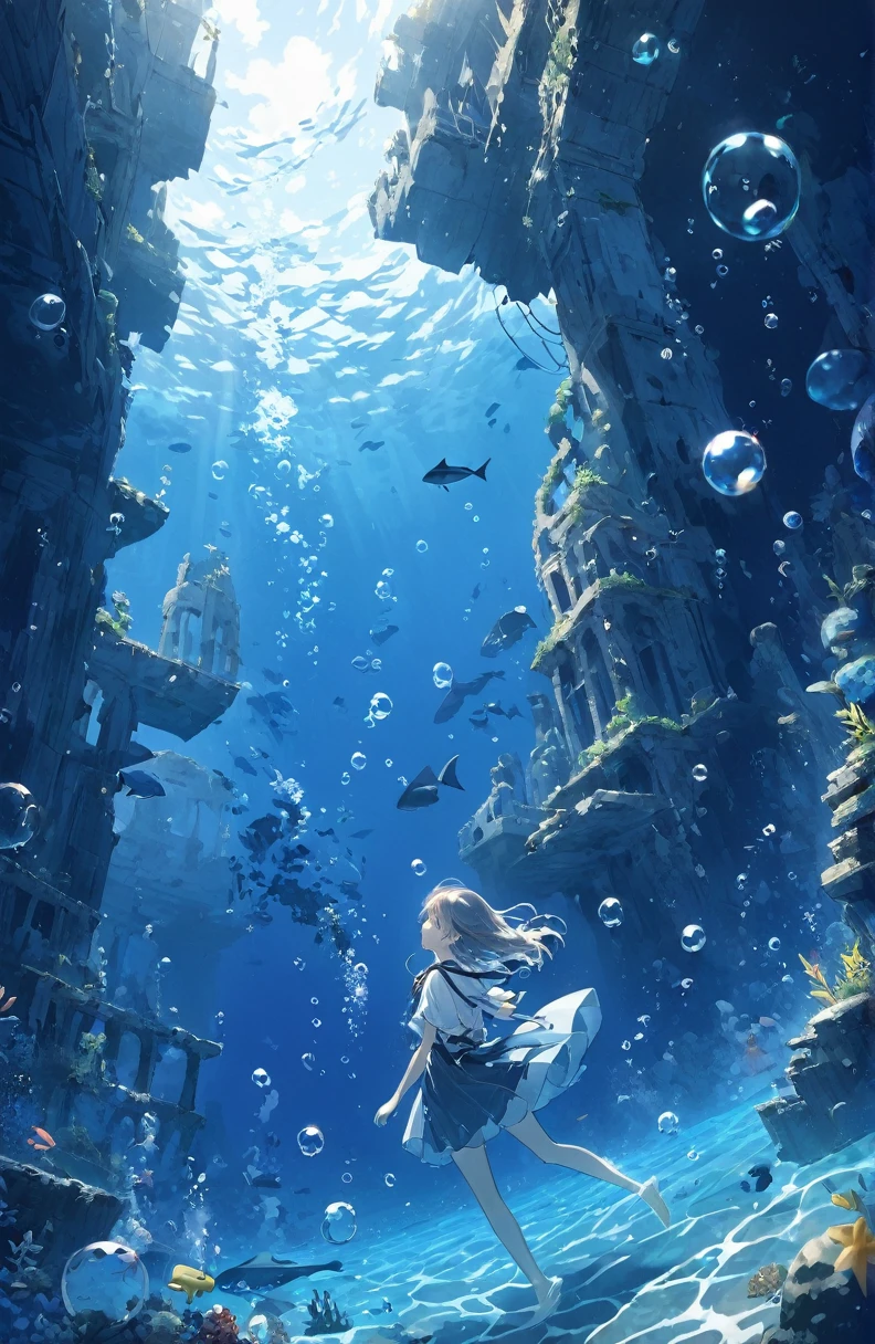 超High resolution, High resolution, 4K, 8k,cute,In the history of the Earth12Submerged ruins in the Pacific Ocean 100 million years ago 、Lost Ruins、Girl in the water、surrounded by bubbles、A world of deep blue、work in deep blue tones