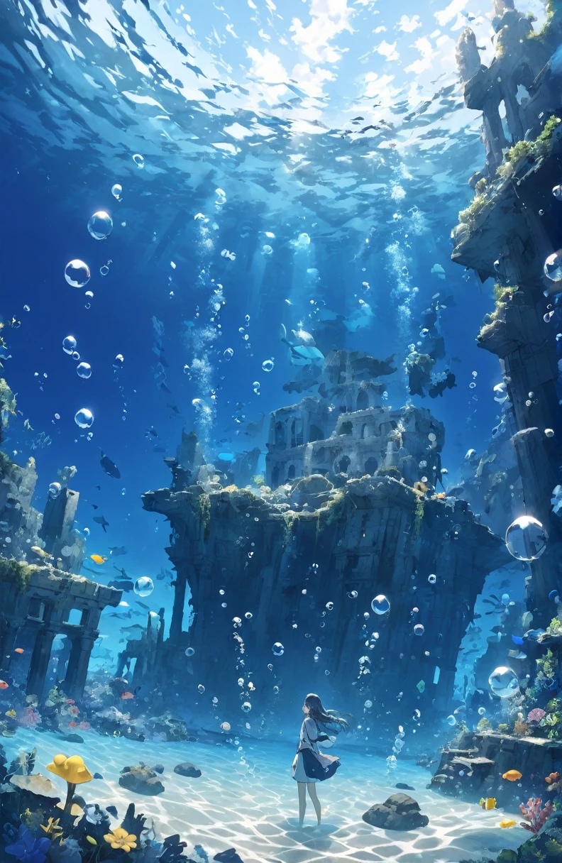 超High resolution, High resolution,  4K, 8k,cute,In the history of the Earth１２Submerged ruins in the Pacific Ocean 100 million years ago　、Lost Ruins、Girl in the water、surrounded by bubbles、A world of deep blue、work in deep blue tones