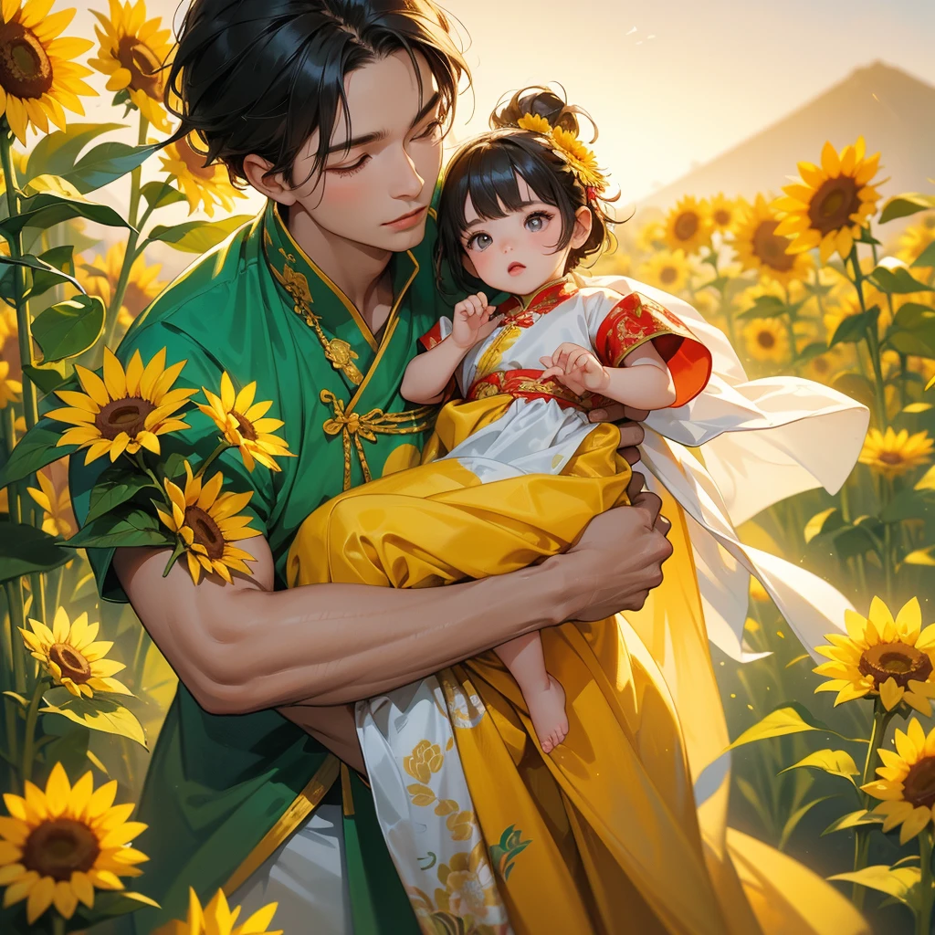 A one-year-old baby boy in an ancient Chinese baby costume with his beautiful mother, dressed in an ancient Chinese costume, Strolling among the sunflower fields Glowing yellow, In the background are lush green mountains, playing with each other, with his handsome father standing next to his mother, close up