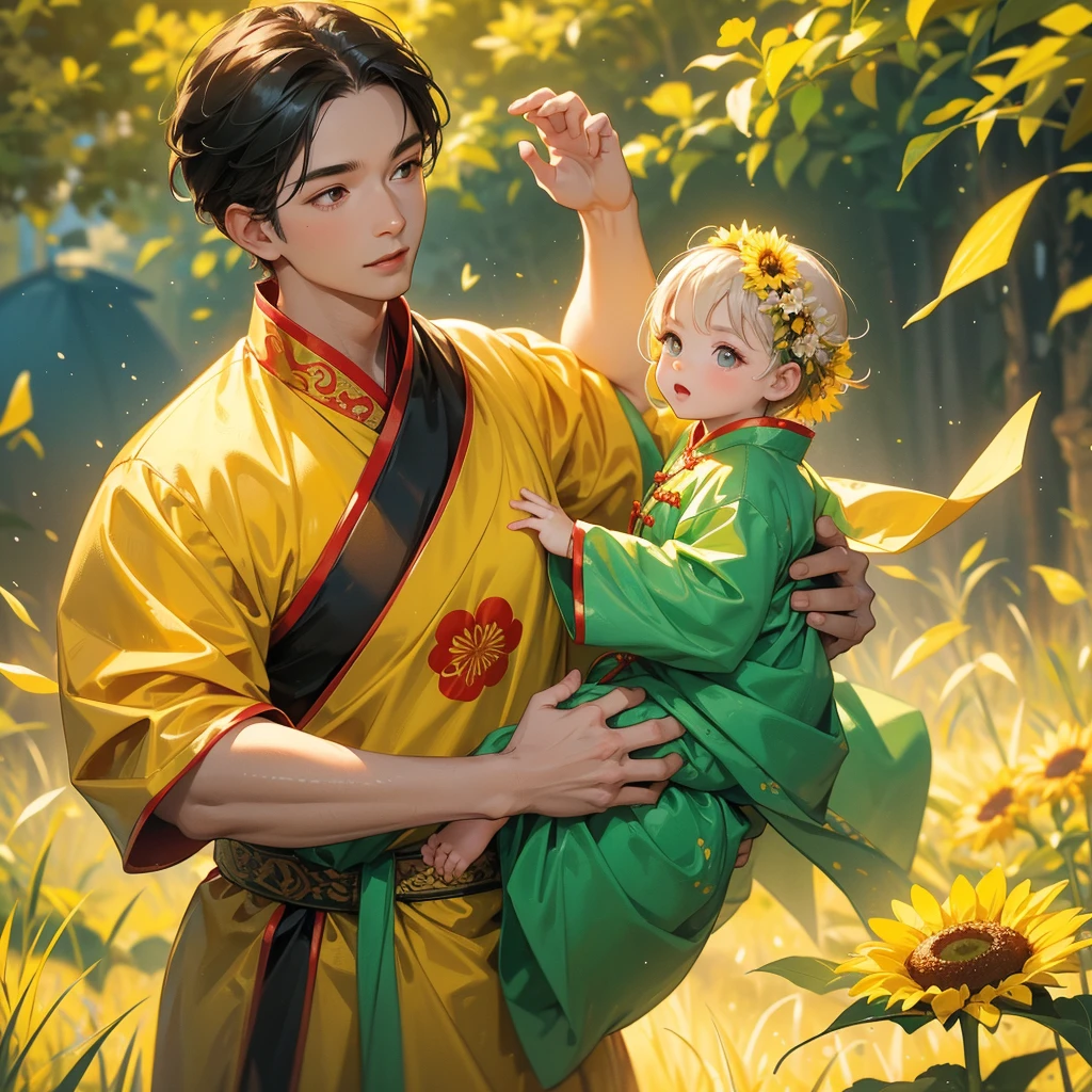 A one-year-old baby boy in an ancient Chinese baby costume with his beautiful mother, dressed in an ancient Chinese costume, Strolling among the sunflower fields Glowing yellow, In the background are lush green mountains, playing with each other, with his handsome father standing next to his mother, close up