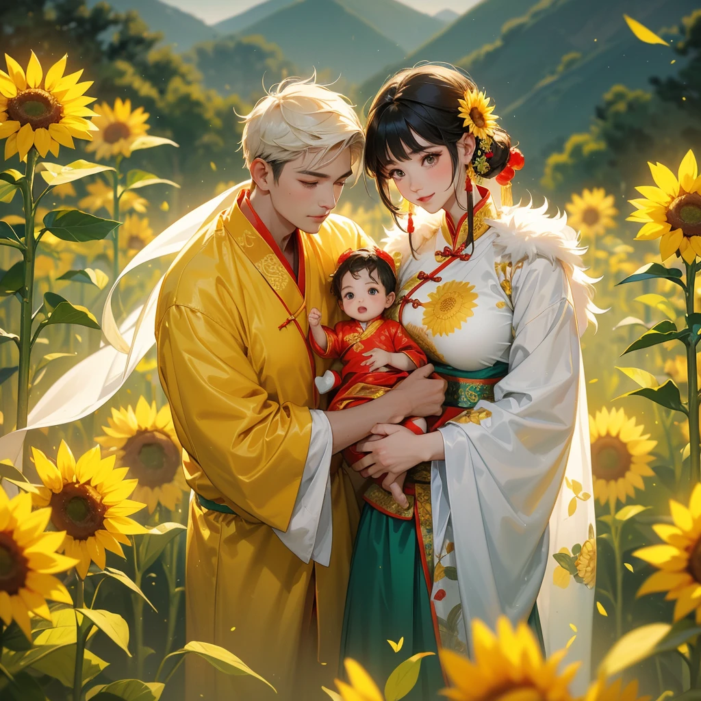A one-year-old baby boy in an ancient Chinese baby costume with his beautiful mother, dressed in an ancient Chinese costume, Strolling among the sunflower fields Glowing yellow, In the background are lush green mountains, playing with each other, with his handsome father standing next to his mother, close up