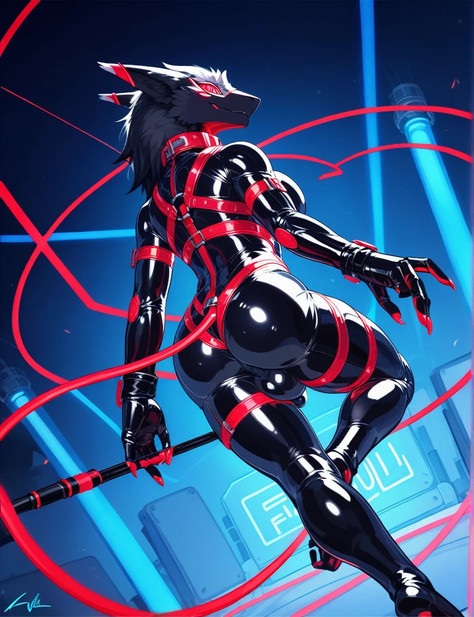 Highest quality, Highest quality, High quality illustrations, masterpiece, Ultra-high resolution, Detailed Background, Cyber City, Absurd, Perfect Anatomy, performance, Good lighting, Shadows in the movies(kemono, Furry PersonifiCation), Female Sergal, Black Skin, Rubber suit, Rubber suit, latex, neon, neonライト, neonカラー, Stick your butt out, Rubber spats, Red harness, latex corset, latex collar, juvenile, (null bulge: 1.8), (Massive boobs: 2.0), Dynamic Angle