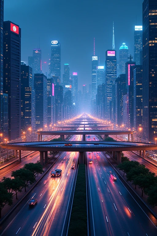 A cool and scenic city with a straight highway and junction at night