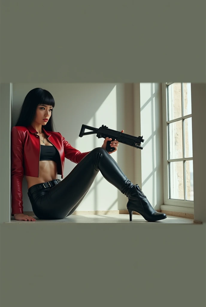 /imagine a realistic photo of an armed secret agent, a beautiful Brazilian woman with Asian features, Chinese eyes, in her 30s, ((long, straight black hair with bangs)), ((she wears red leather clothes, a short red leather jacket, under the jacket there is a black crop top, tight red leather pants with a low waist, her belly button exposed, women's tactical boots with heels)), she uses black eyeliner to accentuate her eyes, she has very slanted eyes, Asian type, she holds a gun, on her thighs pistol holsters, belt with ammunition pouches, she is using a medium-sized gun, as if she were in combat, ((she has a cold, serious and threatening look)), ((she has a well-defined body, body with beautiful curves, thin waist, thick thighs and round butt)), hyper realistic image, details in the skin and hair, cinematic scene, professional saturation, she is looking where her gun is pointing