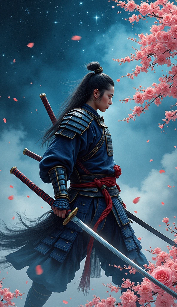 (Highest quality,4K,8k,High resolution,masterpiece:1.2),Very detailed,(Realistic,photoRealistic,photo-Realistic:1.37),Illustration logo of a samurai holding a sword,Starry skies and mist envelop the landscape,Traditional Japanese art style,Impressive color contrast,Dynamic brushwork,Neon color,Subtle shading,Dramatic lighting,Samurai Armor and Clothing,Delicate cherry blossoms in the background,Exaggerated movements and actions,Facial expressions with attention to detail,Strong Sword Grip and Posture,A fascinating sense of mystery,Strong presence and aura,Ink splash,Sharp lines,Magical atmosphere,Powerful Energy,A fantastic atmosphere,A depiction of honor and courage,The contrast between silence and tension,現実とファンタジーの超Realisticな融合