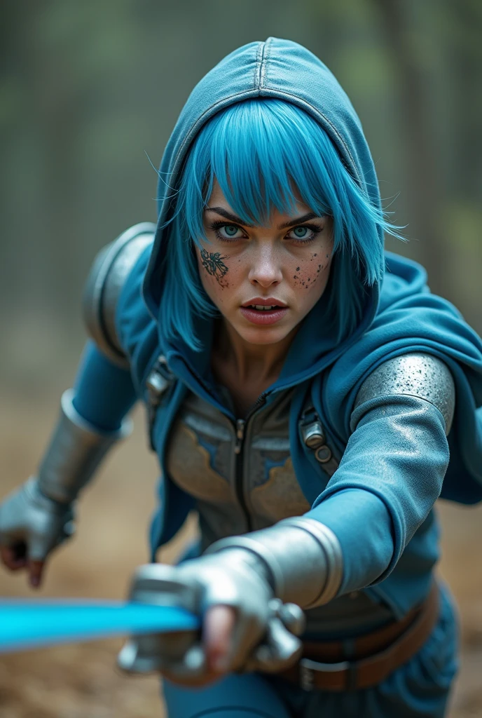 Fast action movie shot Captured from a low-angle perspective, a female warrior is depicted in a combat seen with a sword in ahand running and lunging forward as if in the middle of attacking someone in a full body shot. She is dressed in a metallic outfit, adorned with a blue hoodie and silver gloves. Her hair is styled in a short bob, adding a pop of color to her face. Her eyes are a piercing blue, and her lips are a darker pink. Her skin is covered in a pattern of black and white, while her hair is a light blue. She has a tattoo on her chest. Her left hand is raised, and she is holding a blue sword in her right hand. The background is blurred, suggesting a natural setting., Hyperrealism, cinematic lighting, Sony FE, Ultra-Wide Angle, Wide-Angle, first-person view, retina, masterpiece, accurate, anatomically correct, textured skin, super detail, best quality, award winning, highres, 4K, 8k, 16k
