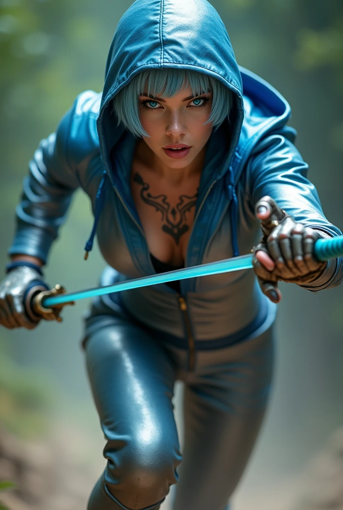 Fast action movie shot Captured from a low-angle perspective, a female warrior is depicted in a combat seen with a sword in ahand running and lunging forward as if in the middle of attacking someone in a full body  shot. She is dressed in a metallic outfit, adorned with a blue hoodie and silver gloves. Her hair is styled in a short bob, adding a pop of color to her face. Her eyes are a piercing blue, and her lips are a darker pink. Her skin is covered in a pattern of black and white, while her hair is a light blue. She has a tattoo on her chest. Her left hand is raised, and she is holding a blue sword in her right hand. The background is blurred, suggesting a natural setting., Hyperrealism, cinematic lighting, Sony FE, Ultra-Wide Angle, Wide-Angle, first-person view, retina, masterpiece, accurate, anatomically correct, textured skin, super detail, best quality, award winning, highres, 4K, 8k, 16k