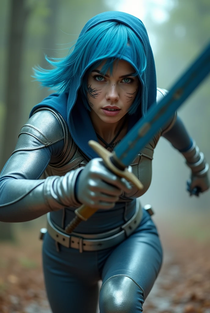 Fast action movie shot Captured from a low-angle perspective, a female warrior is depicted in a combat seen with a sword in ahand running and lunging forward as if in the middle of attacking someone in a full body shot. She is dressed in a metallic outfit, adorned with a blue hoodie and silver gloves. Her hair is styled in a short bob, adding a pop of color to her face. Her eyes are a piercing blue, and her lips are a darker pink. Her skin is covered in a pattern of black and white, while her hair is a light blue. She has a tattoo on her chest. Her left hand is raised, and she is holding a blue sword in her right hand. The background is blurred, suggesting a natural setting., Hyperrealism, cinematic lighting, Sony FE, Ultra-Wide Angle, Wide-Angle, first-person view, retina, masterpiece, accurate, anatomically correct, textured skin, super detail, best quality, award winning, highres, 4K, 8k, 16k