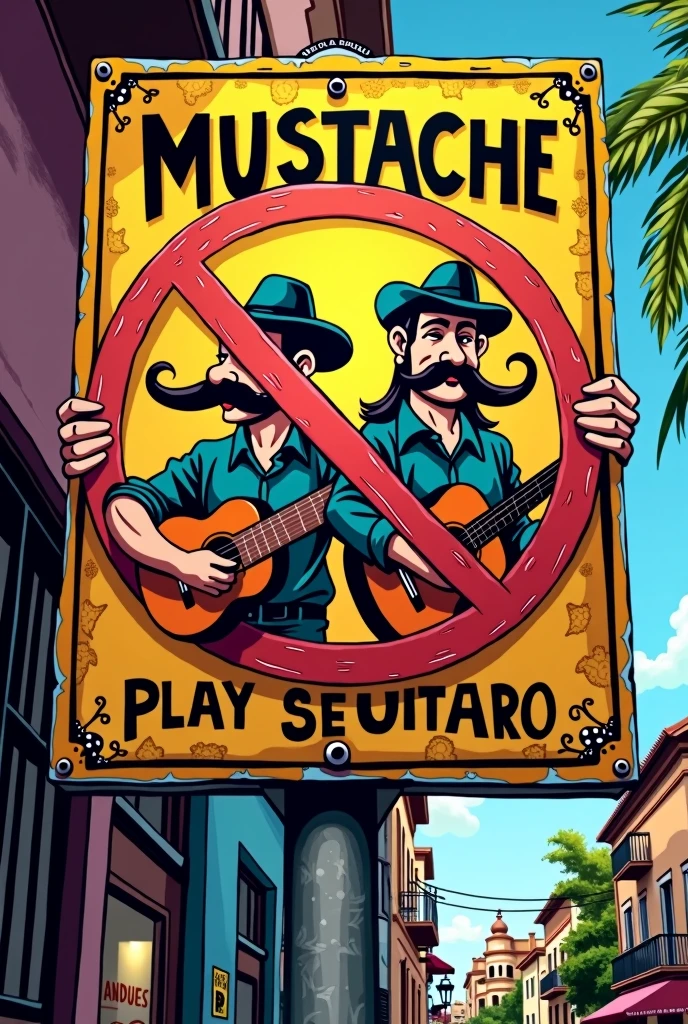Rude sign in Spanish that says mustaches playing guitar are not allowed