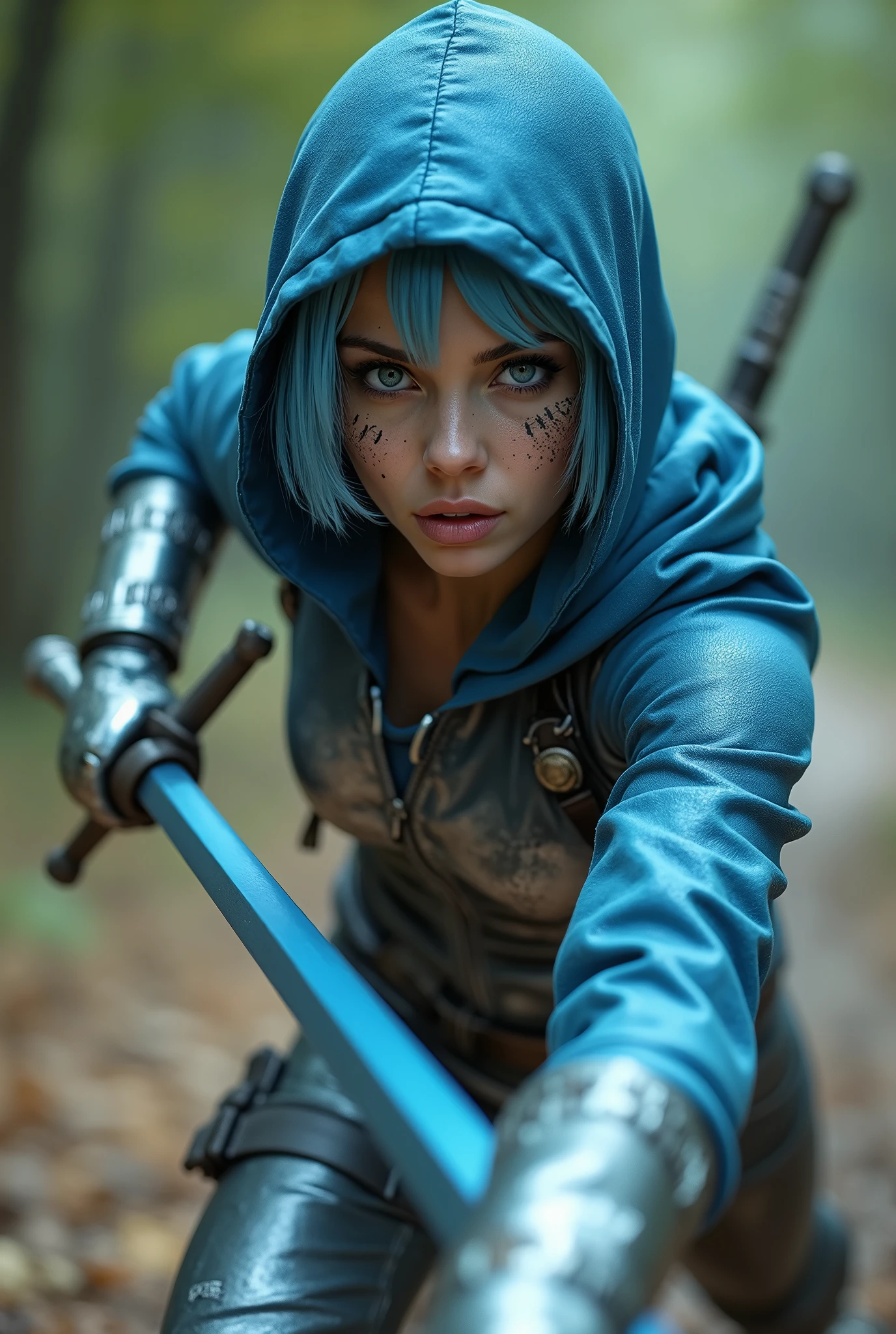Fast action movie shot Captured from a low-angle perspective, a female warrior is depicted in a combat seen with a sword in ahand running and lunging forward as if in the middle of attacking someone in a full body  shot. She is dressed in a metallic outfit, adorned with a blue hoodie and silver gloves. Her hair is styled in a short bob, adding a pop of color to her face. Her eyes are a piercing blue, and her lips are a darker pink. Her skin is covered in a pattern of black and white, while her hair is a light blue. She has a tattoo on her chest. Her left hand is raised, and she is holding a blue sword in her right hand. The background is blurred, suggesting a natural setting., Hyperrealism, cinematic lighting, Sony FE, Ultra-Wide Angle, Wide-Angle, first-person view, retina, masterpiece, accurate, anatomically correct, textured skin, super detail, best quality, award winning, highres, 4K, 8k, 16k