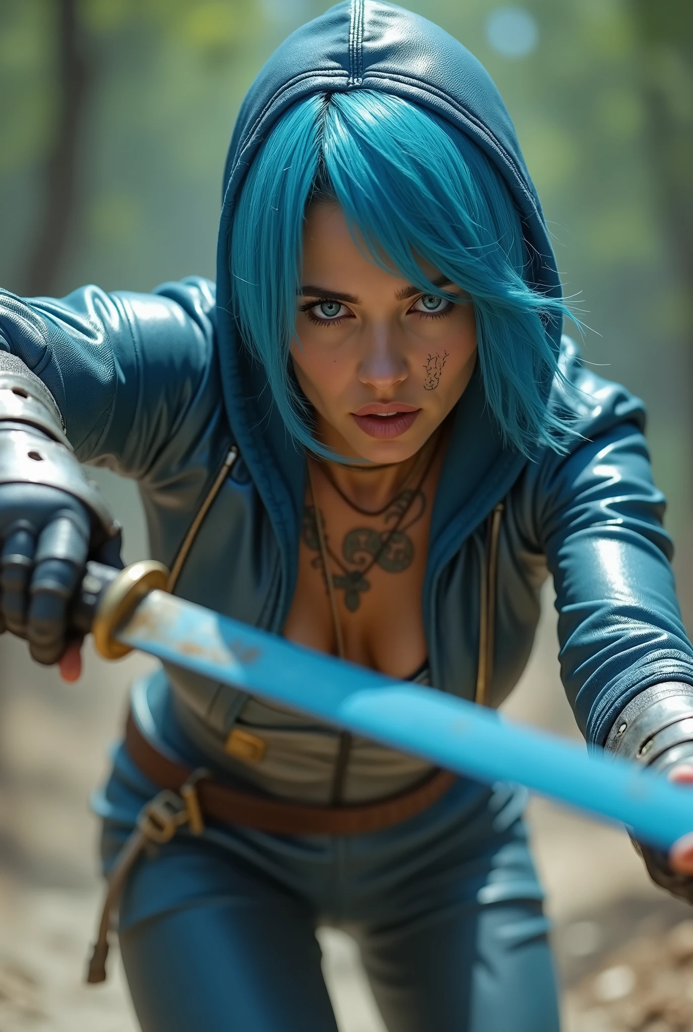 Fast action movie shot Captured from a low-angle perspective, a female warrior is depicted in a combat seen with a sword in ahand running and lunging forward as if in the middle of attacking someone in a full body  shot. She is dressed in a metallic outfit, adorned with a blue hoodie and silver gloves. Her hair is styled in a short bob, adding a pop of color to her face. Her eyes are a piercing blue, and her lips are a darker pink. Her skin is covered in a pattern of black and white, while her hair is a light blue. She has a tattoo on her chest. Her left hand is raised, and she is holding a blue sword in her right hand. The background is blurred, suggesting a natural setting., Hyperrealism, cinematic lighting, Sony FE, Ultra-Wide Angle, Wide-Angle, first-person view, retina, masterpiece, accurate, anatomically correct, textured skin, super detail, best quality, award winning, highres, 4K, 8k, 16k