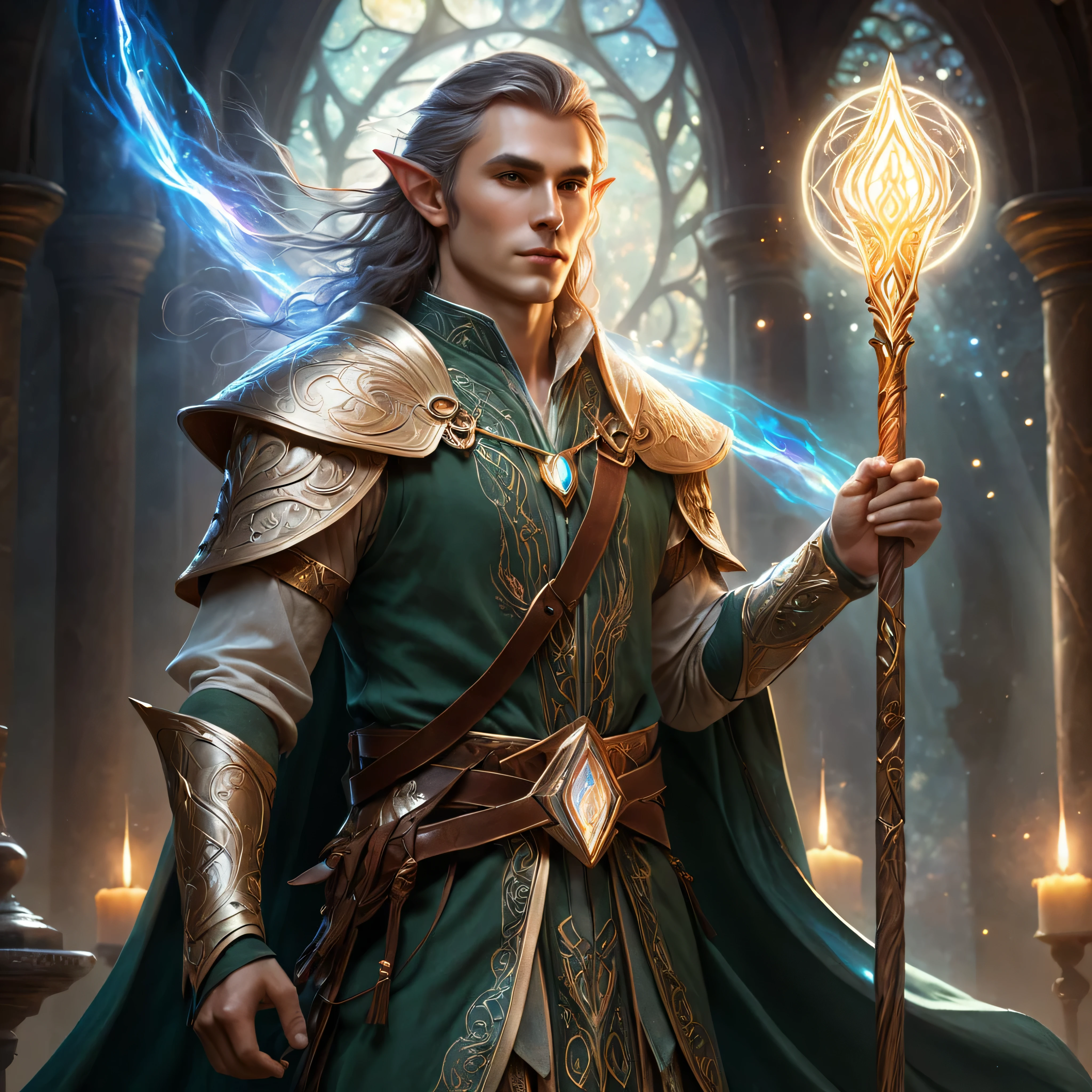 Masterpiece, Extremely detailed, best quality, photorealistic, magnificent, celestial, ethereal, epic, majestic, magical, fantasy art, cover art, dreamy, full body shot, BREAK, ethereal fantasy concept art of a brave male elf dnd wizard., staff in right hand, surrounded by runes of light, dynamic pose