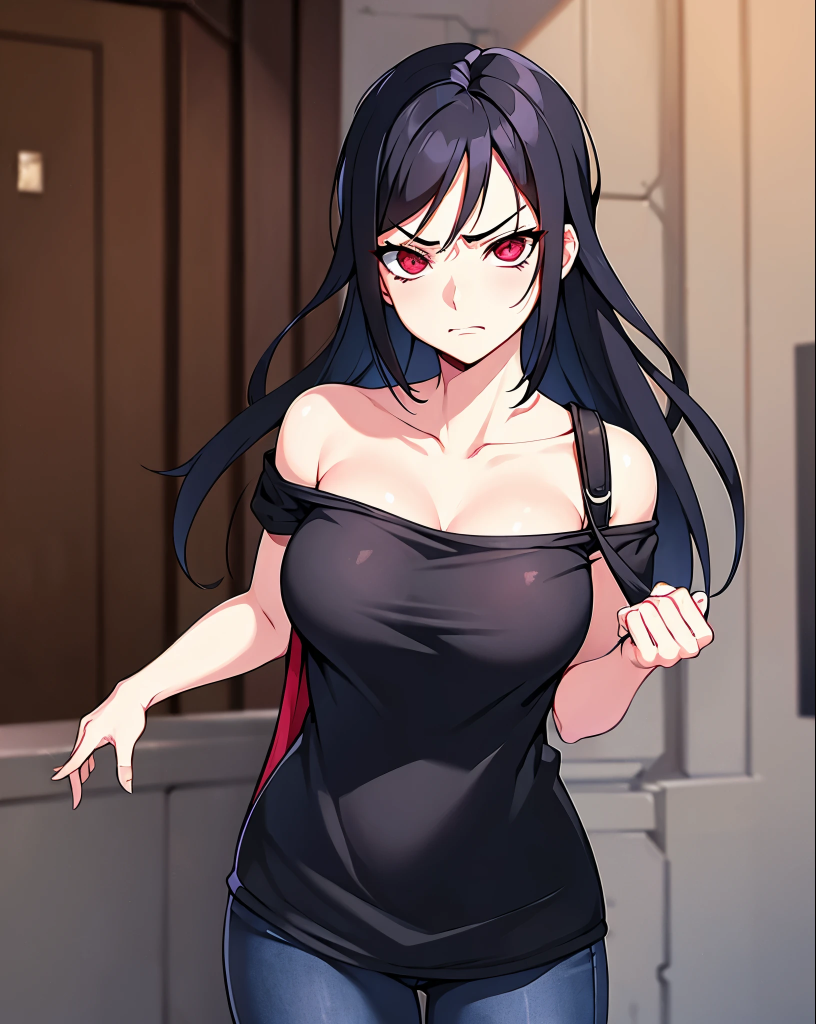 a sexy girl,  dark black hair, loose hair, Sharingan eyes, casual clothes, annoyed, head on, black shirt, blue jeans, pose sexy