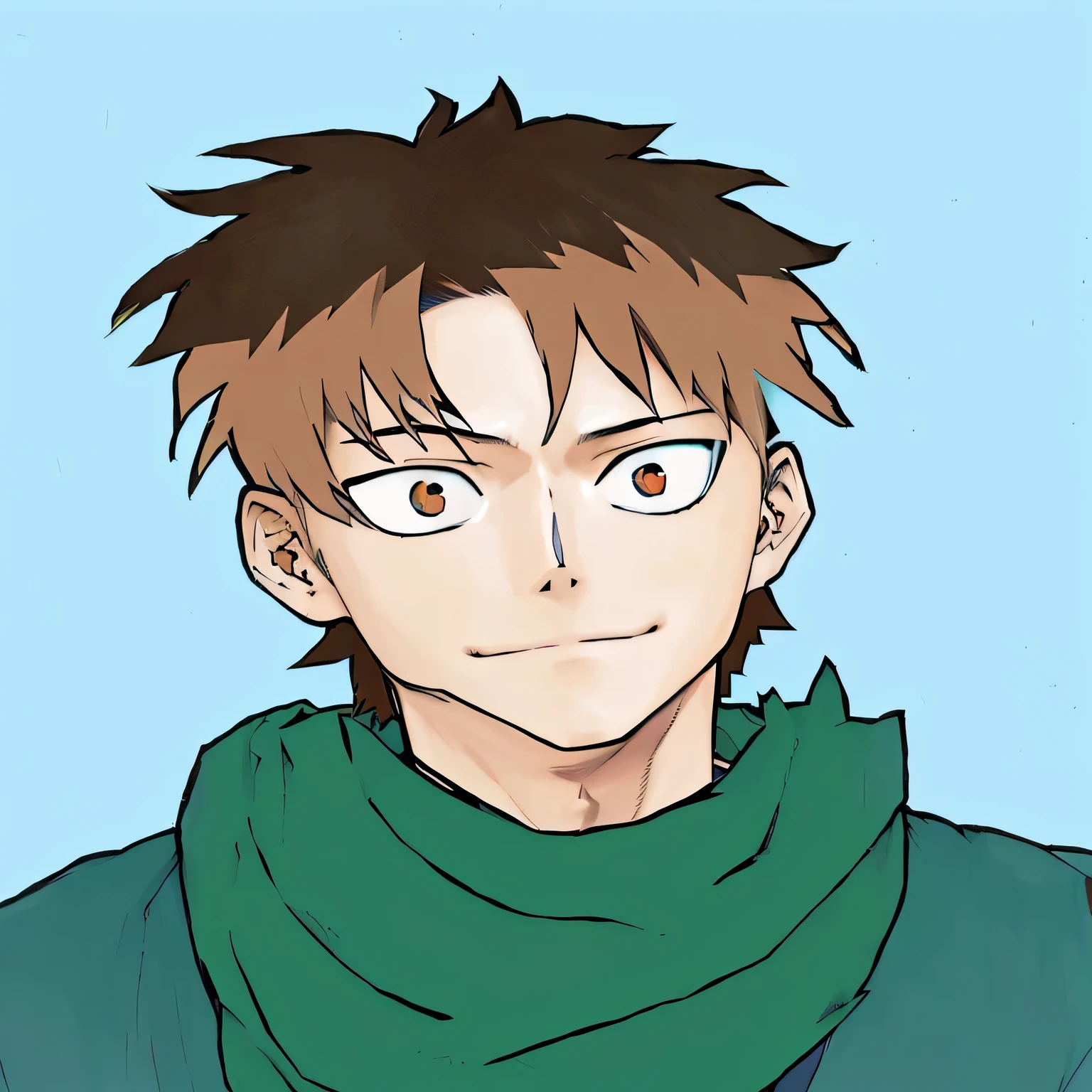 anime boy with brown hair and green scarf looking at camera, kentaro miura manga art style, seinen manga portrait, inspired by Tsuchiya Koitsu, kentaro miura manga style, inspired by Kamisaka Sekka, anime portrait of a handsome man, aramaki shinji, young anime man, inspired by Sakai Hōitsu