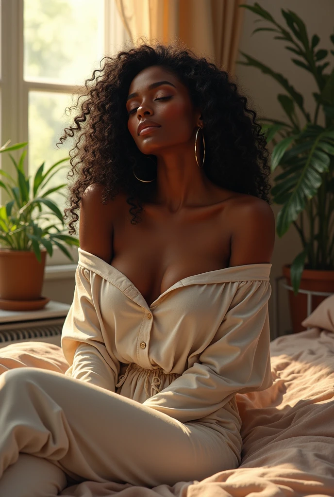 (photorealism:1.2), beautiful black woman, sitting on bed, wearing loose off-shoulder top, pajama pants, long curly hair, indoors, soft lighting, plants in background, window with sunlight, cozy room, relaxed pose, realistic, intricate details, warm colors, by Greg Rutkowski, by Alphonse Mucha