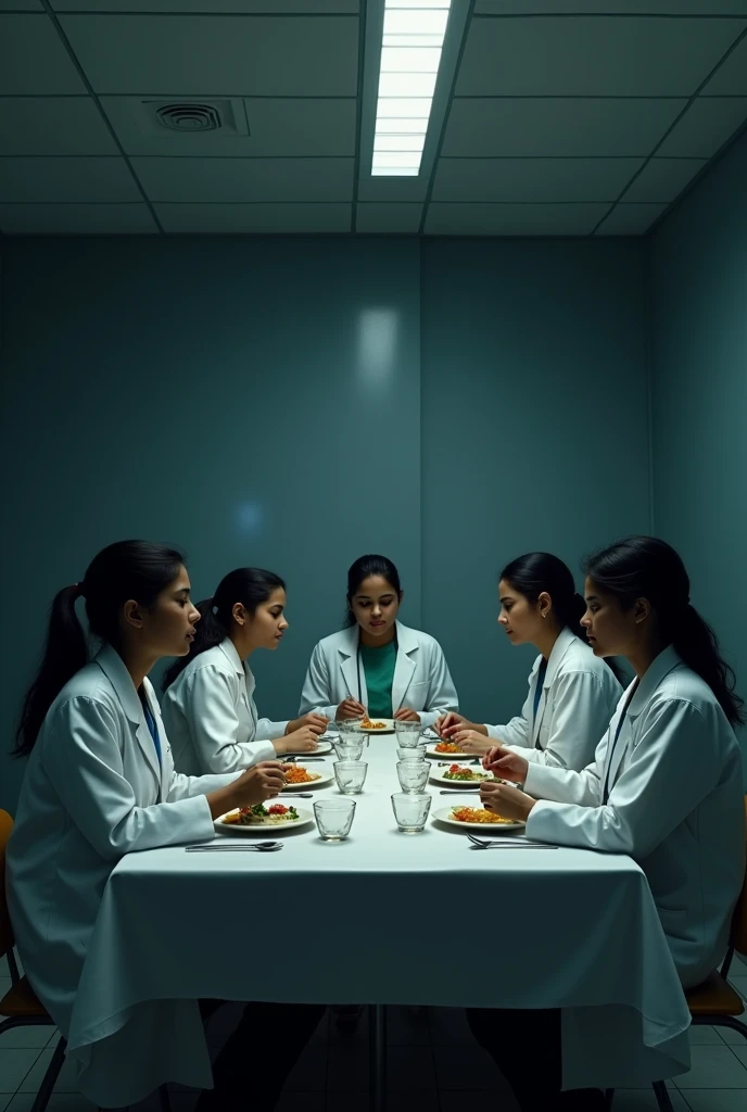 (photorealism:1.2), a 5 girls indian sitting together in hospital seminar room eating dinner dim room wearing hospital coat not talking to eachother